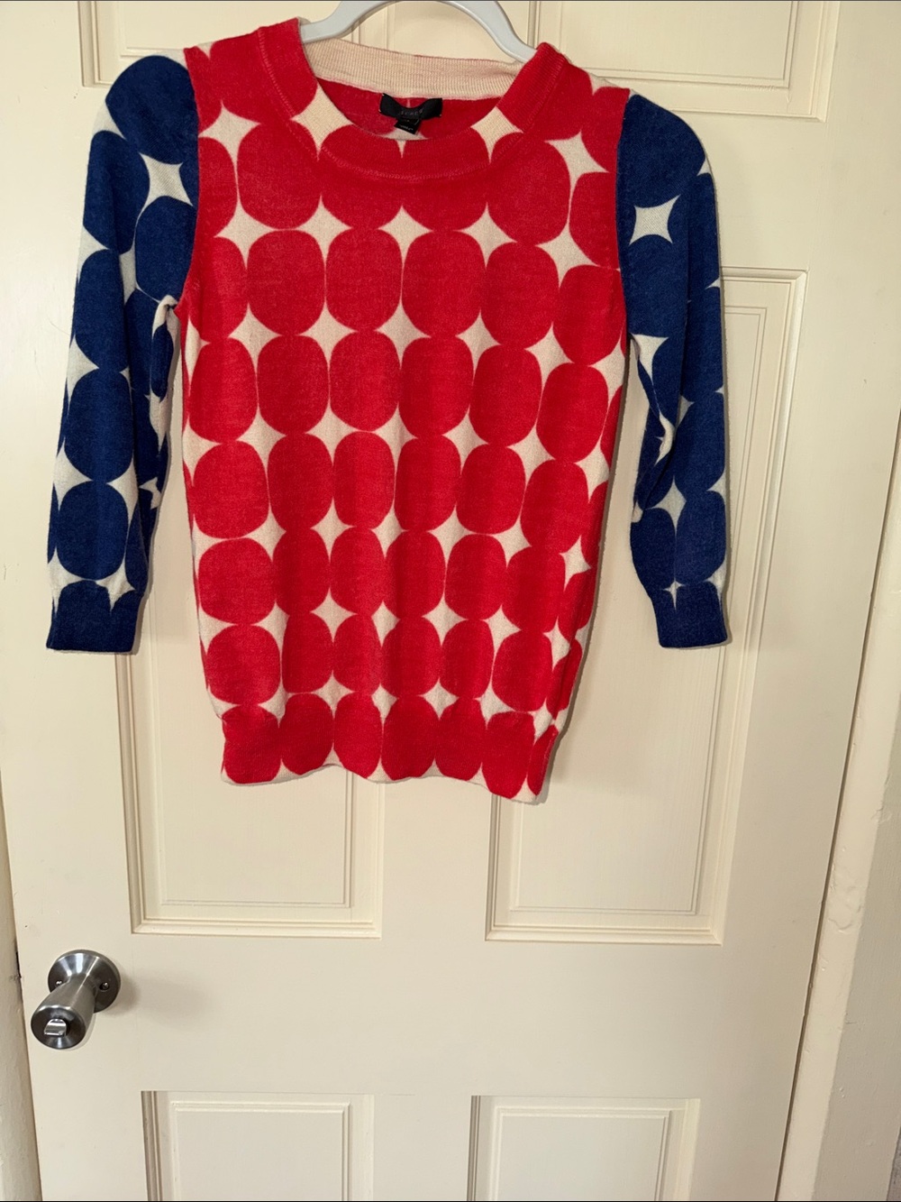 J. Crew Red and Blue Polka Dot Crewneck Sweater